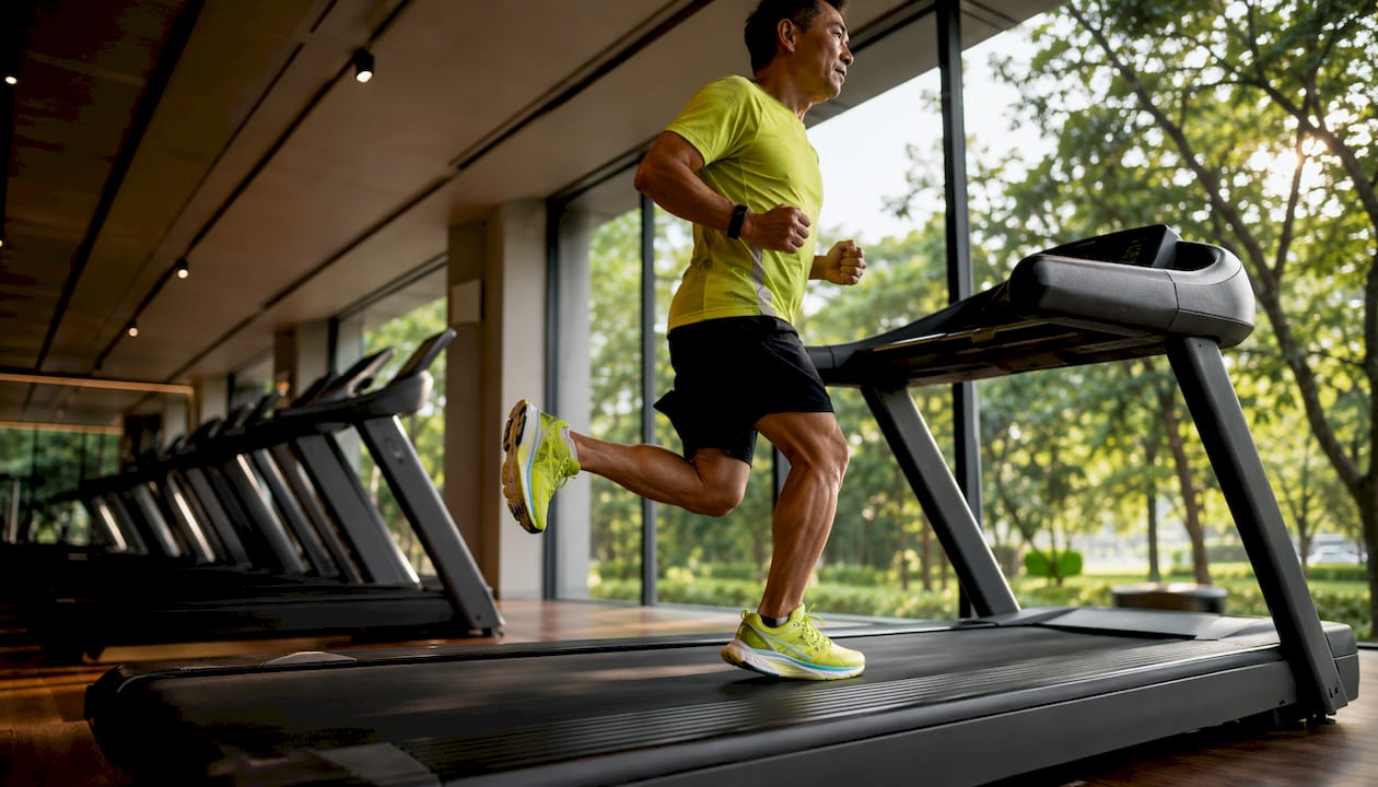 Man running on treadmill testing sneaker energy return