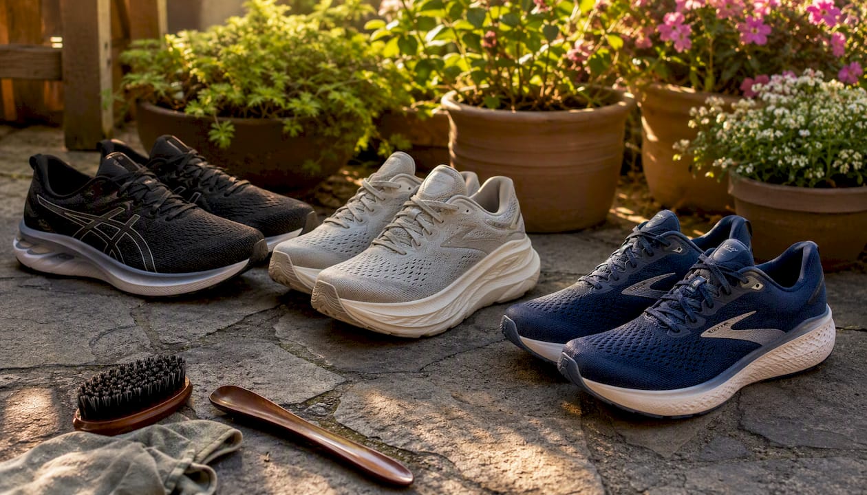 Top view of three cushioned men’s shoes on wooden floor
