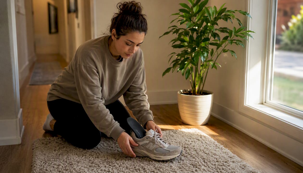 Hands handling wide fit New Balance shoe indoors