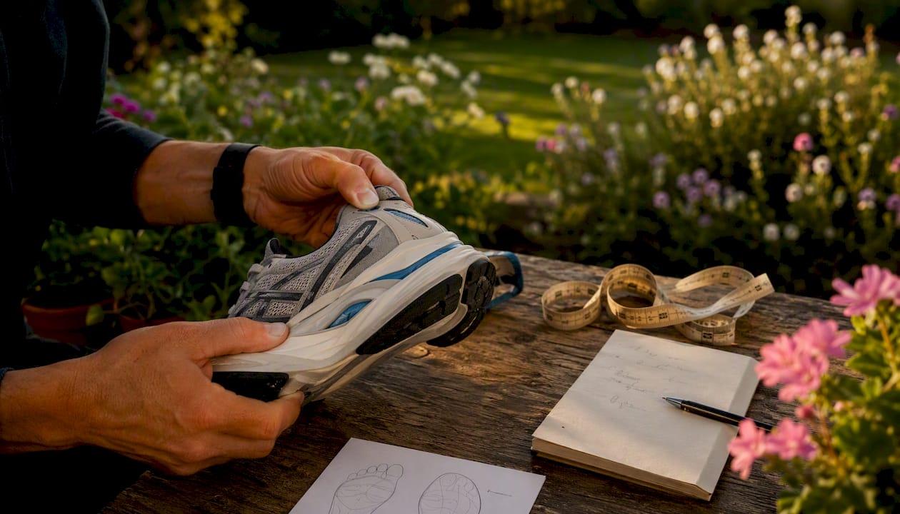 Hands checking shoe features for plantar fasciitis