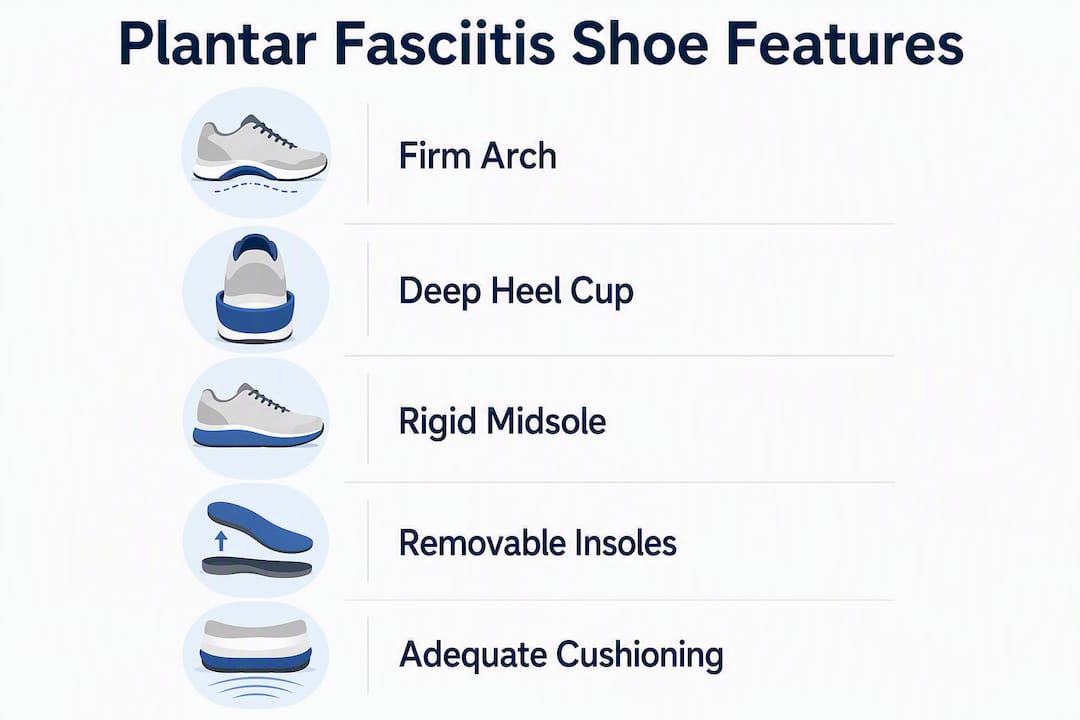 Infographic showing key shoe features beneficial for plantar fasciitis