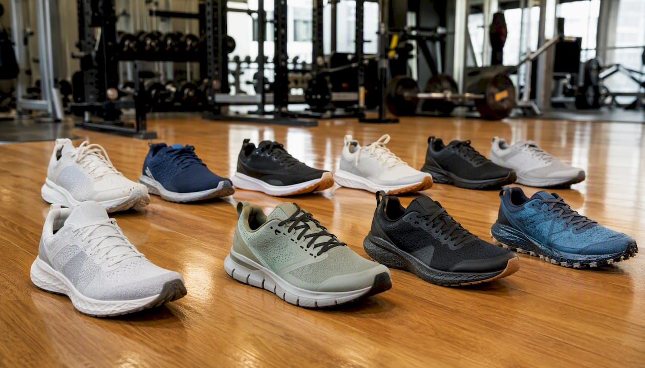 Variety of athletic shoes on gym floor