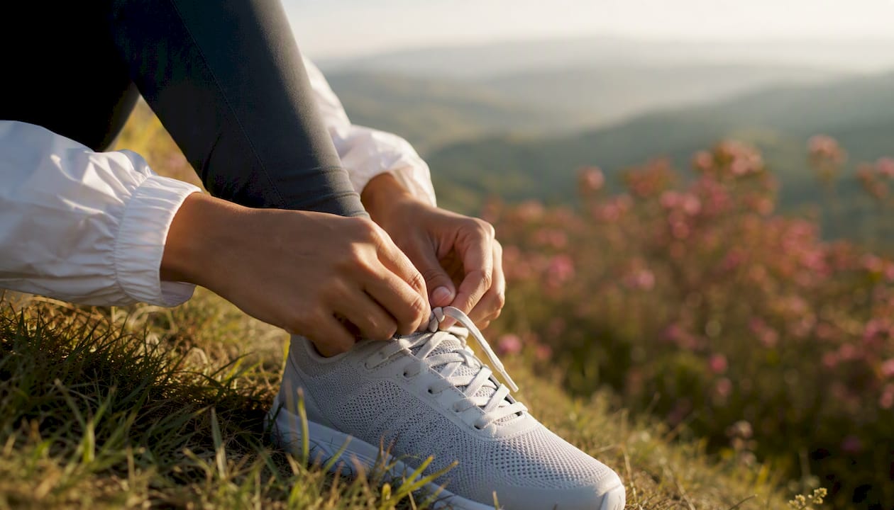 Person lacing up athletic shoe outdoors