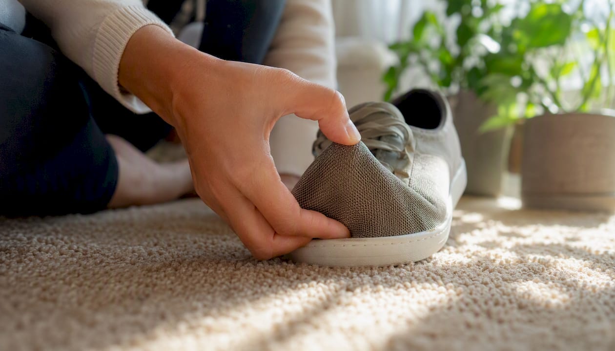 Hand pressing wide forefoot of shoe to show spaciousness