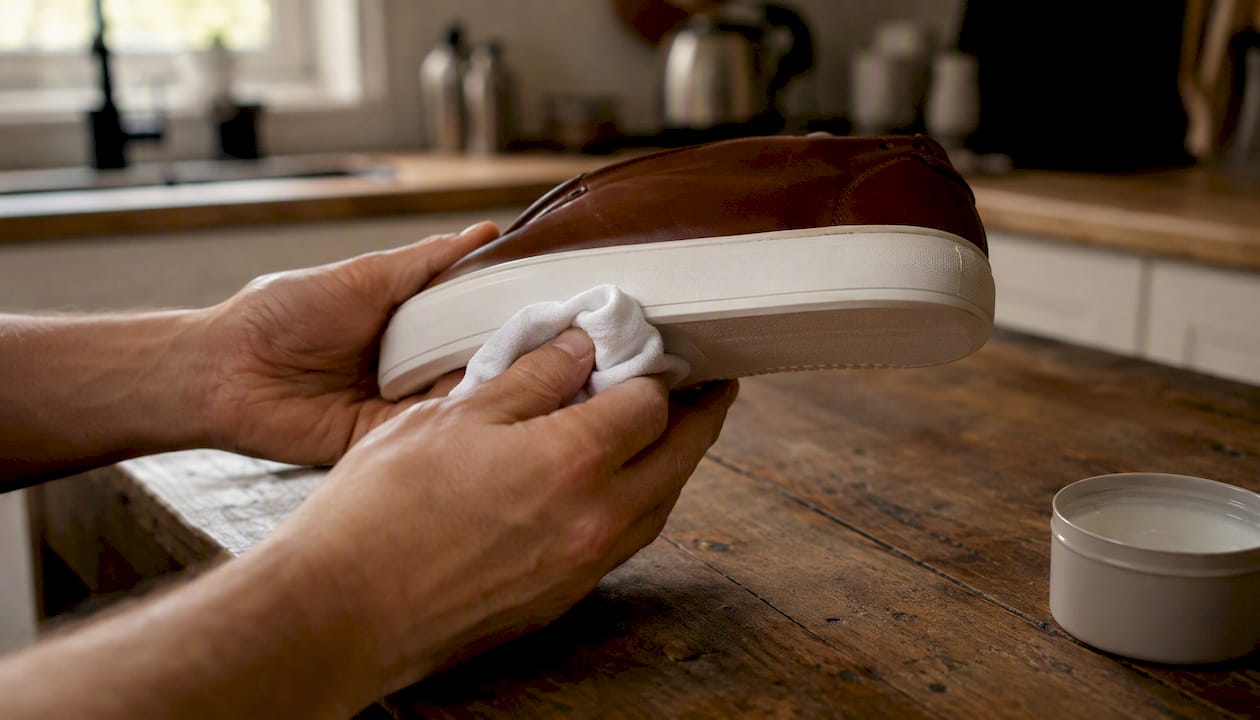 Hand cleaning white rubber sole with cloth