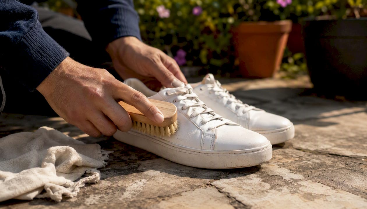 Hand brushing white leather shoe with dry brush