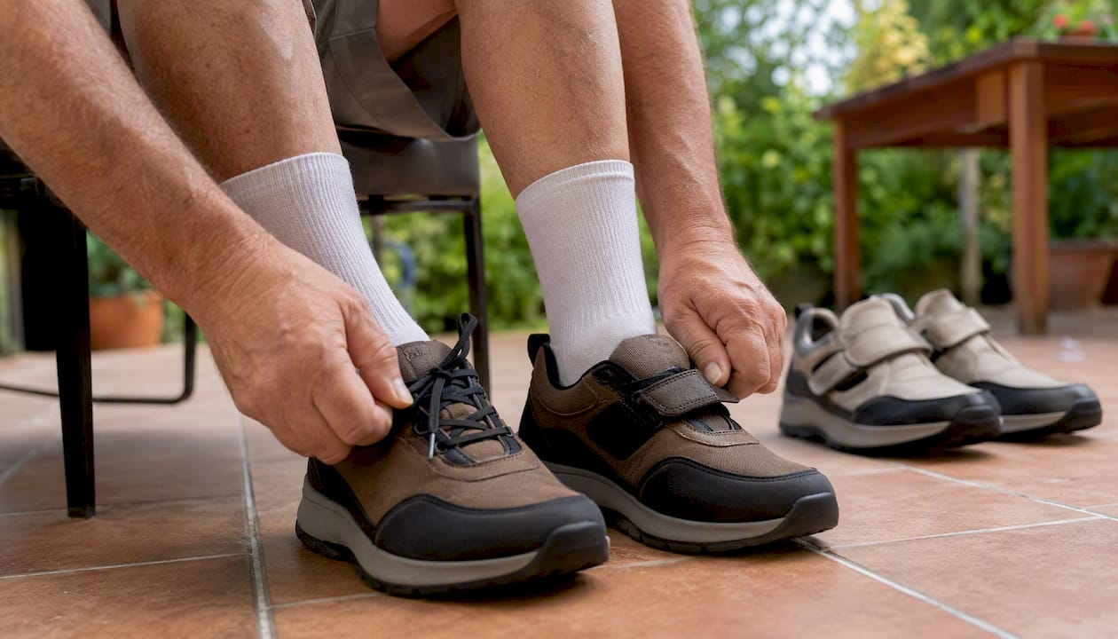 Hands fastening shoe laces and Velcro strap