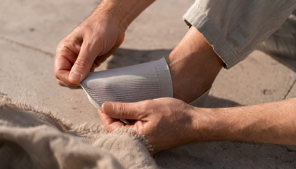 Hands flexing knit upper of seamless shoe
