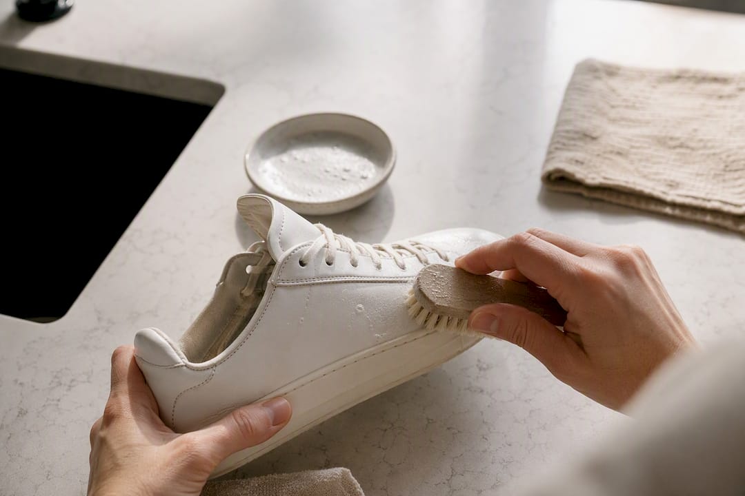 Hands gently wiping white leather shoe with cloth