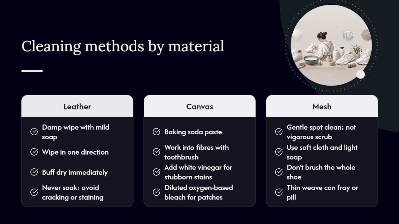Diagram comparing cleaning techniques for leather, canvas, and mesh shoes