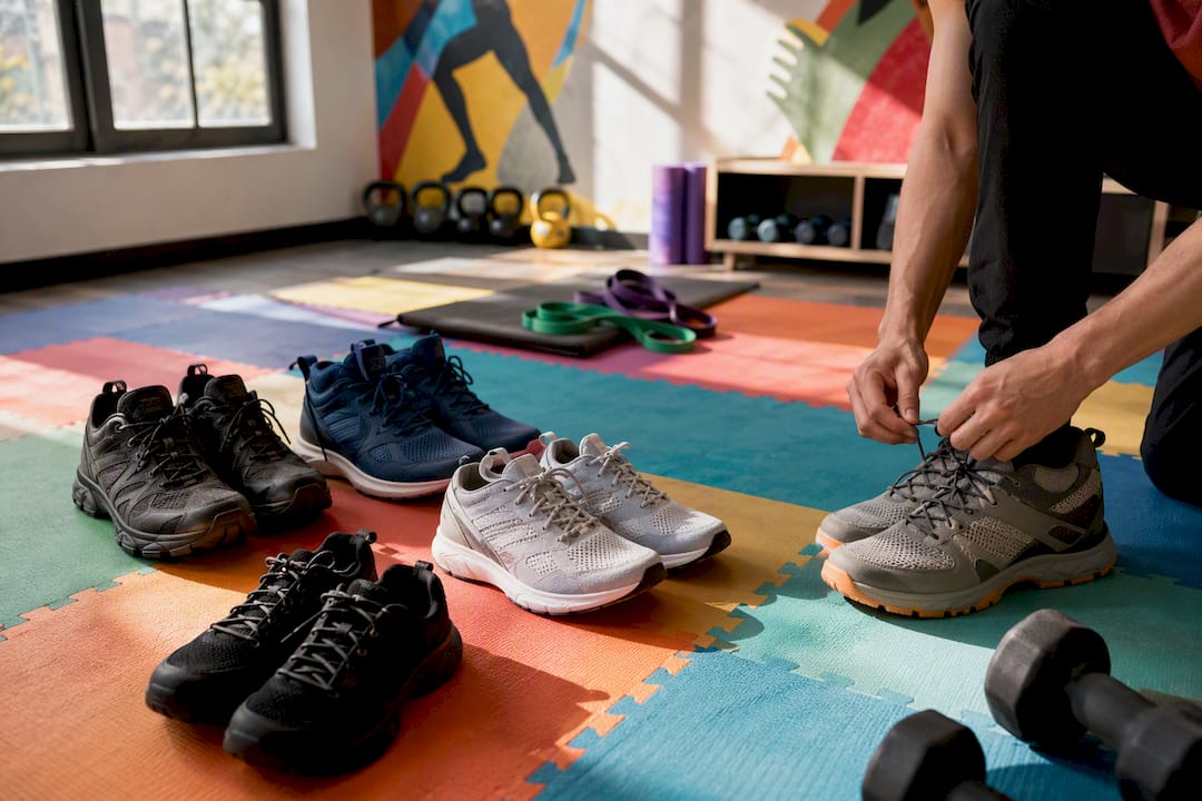 Hands adjusting laces on sport shoes selection