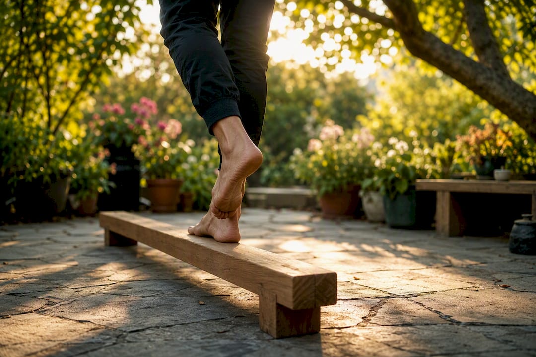Barefoot performing single-leg balance on wooden beam indoors