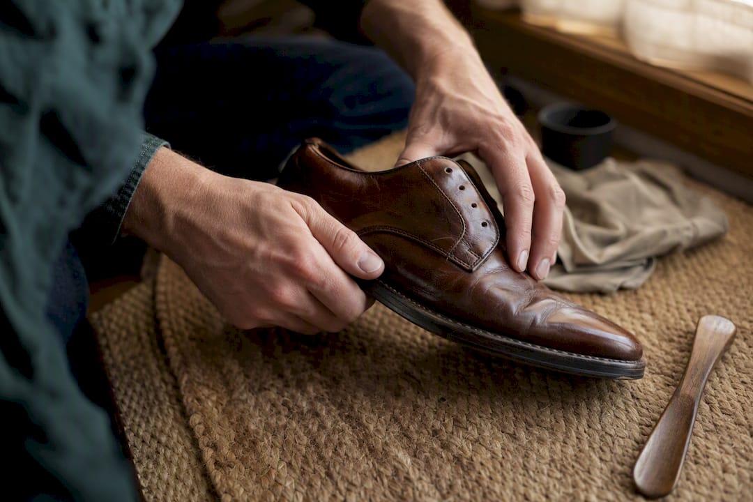 Hands massaging leather shoe to soften it