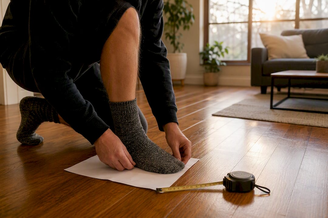 Socked foot positioned for measurement