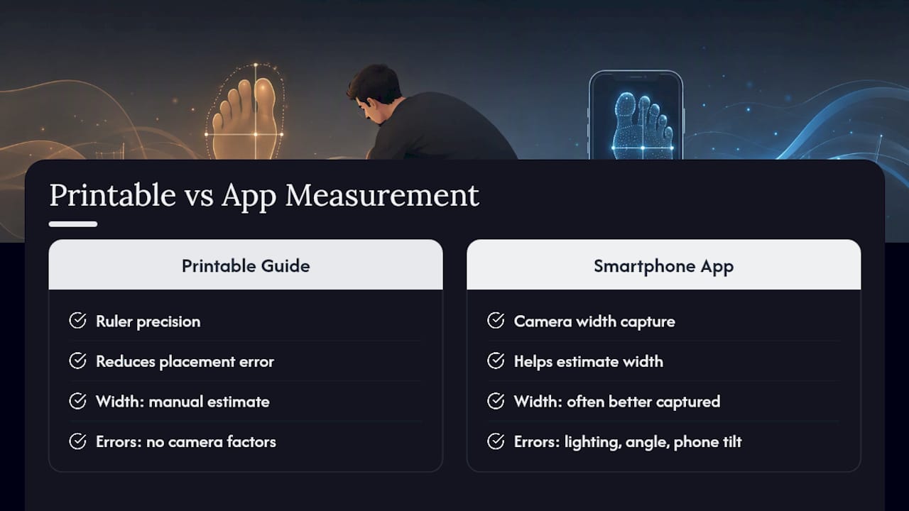 Comparison infographic of printable foot guides vs apps