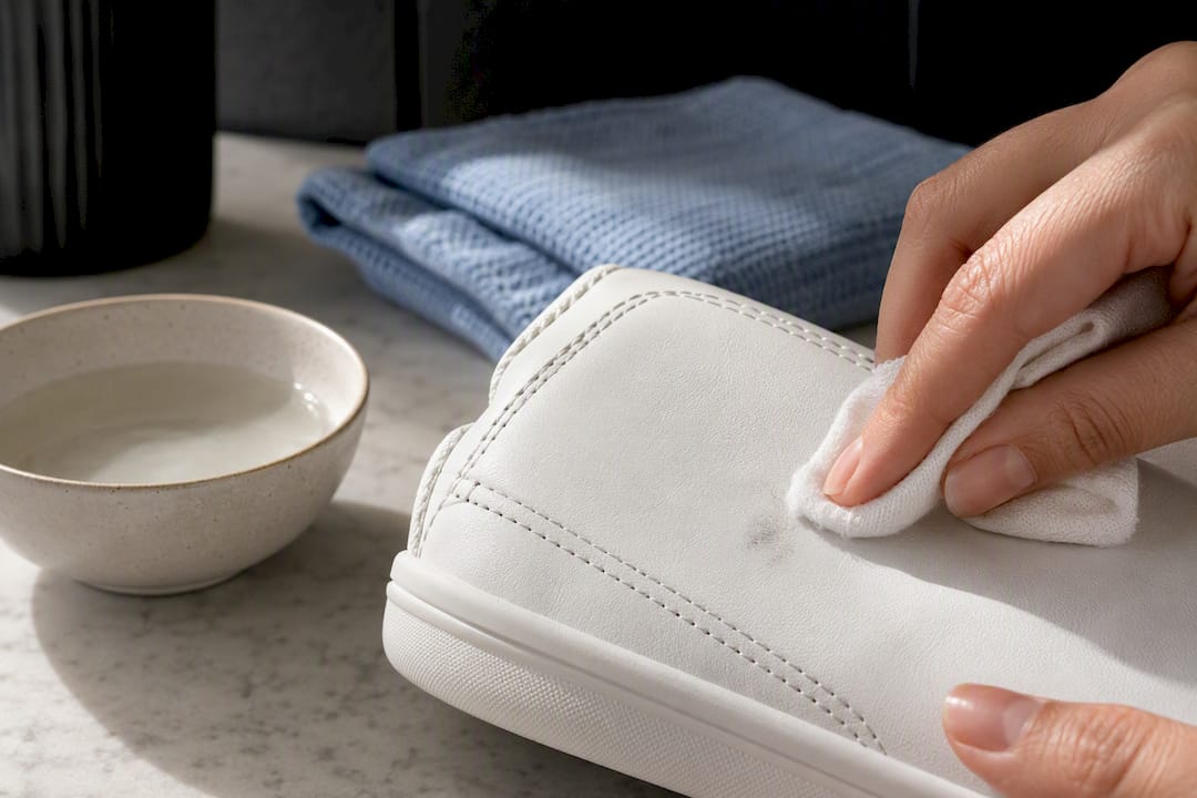 Cloth cleaning a white leather sneaker upper