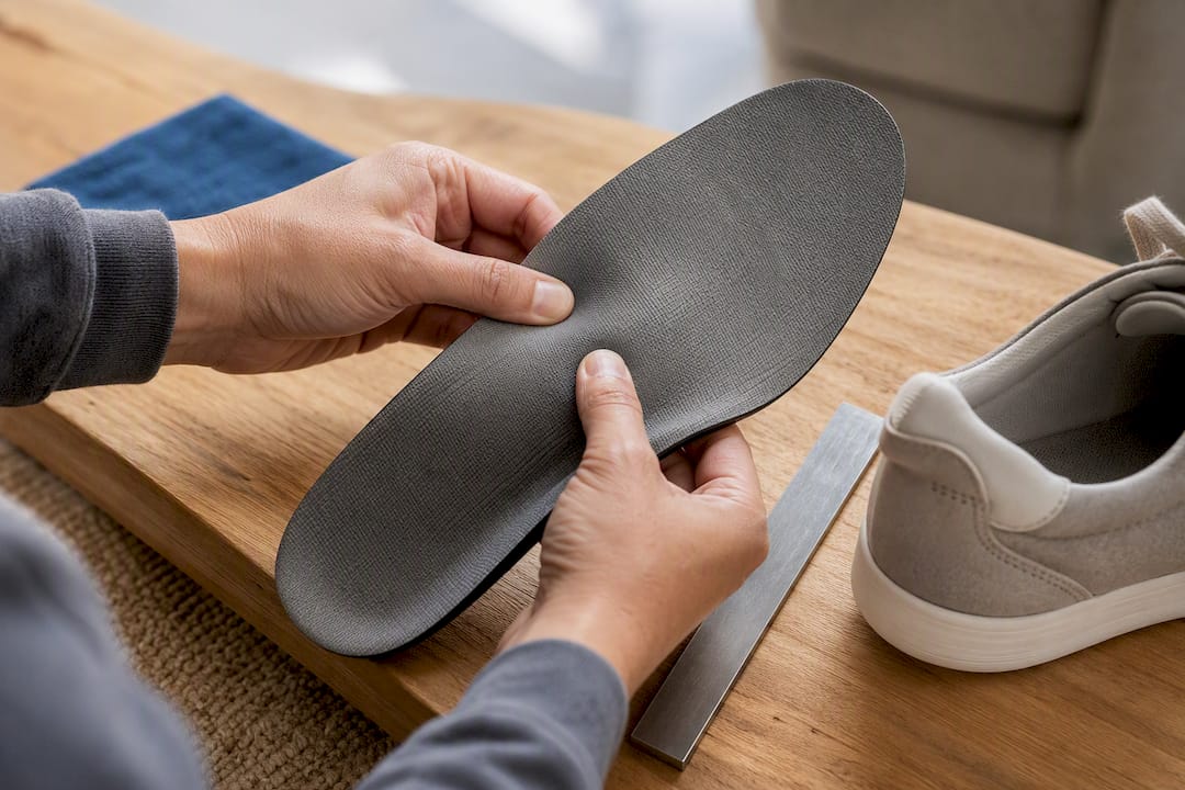 Hands checking firmness of removable shoe insole