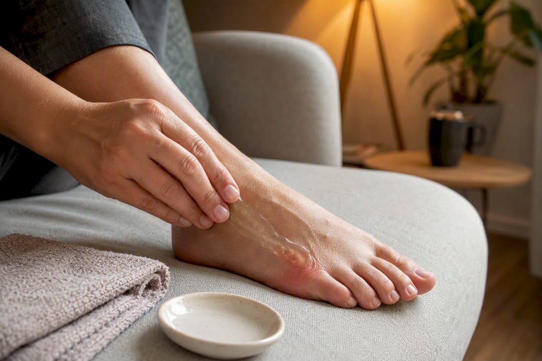 Hand applying topical gel to bunion area