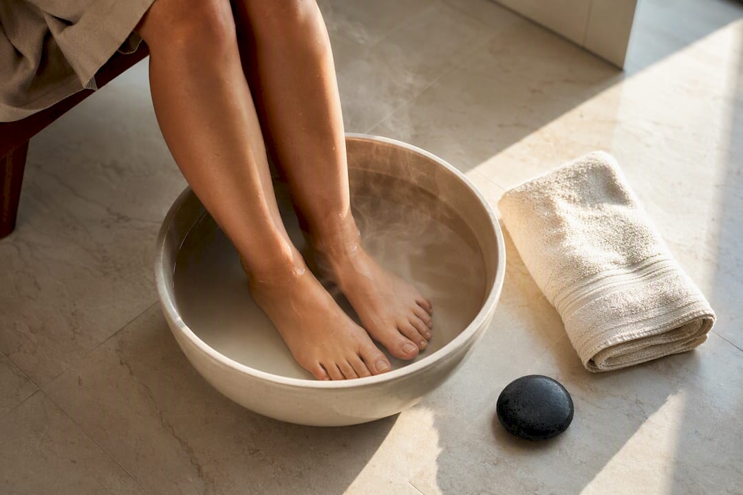 Bare feet soaking in a warm foot bath