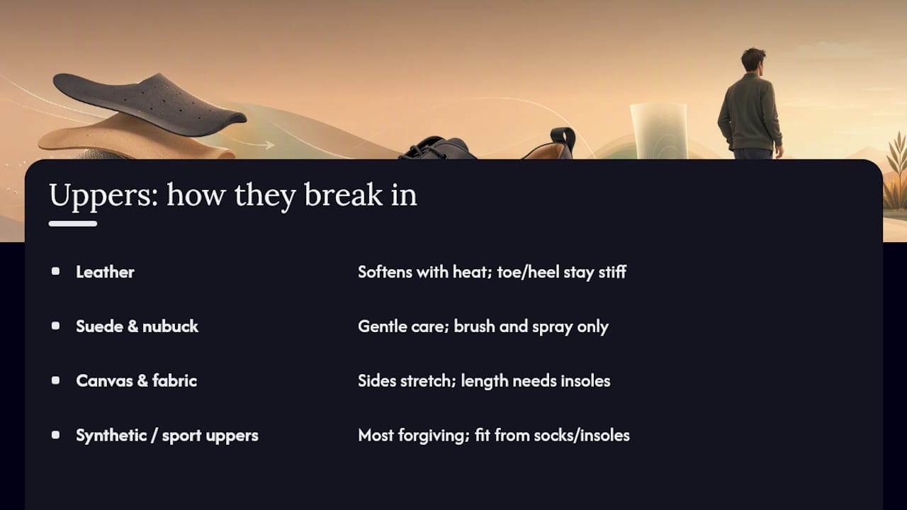 Comparison of shoe materials and break-in needs