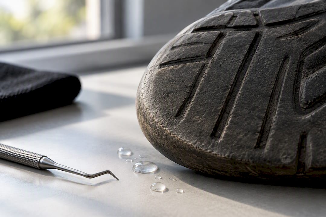 Worn outsole channels and rounded heel edge