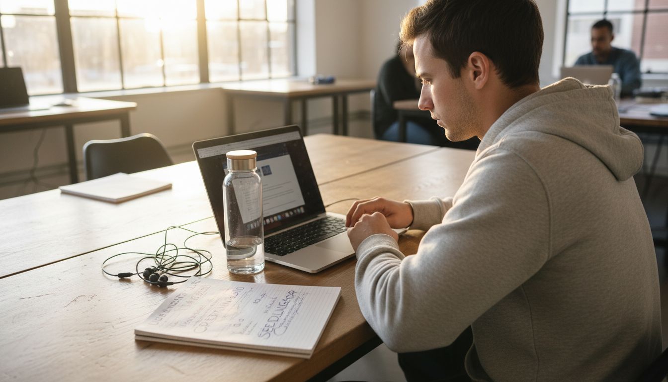 Person searching domain names in coworking space