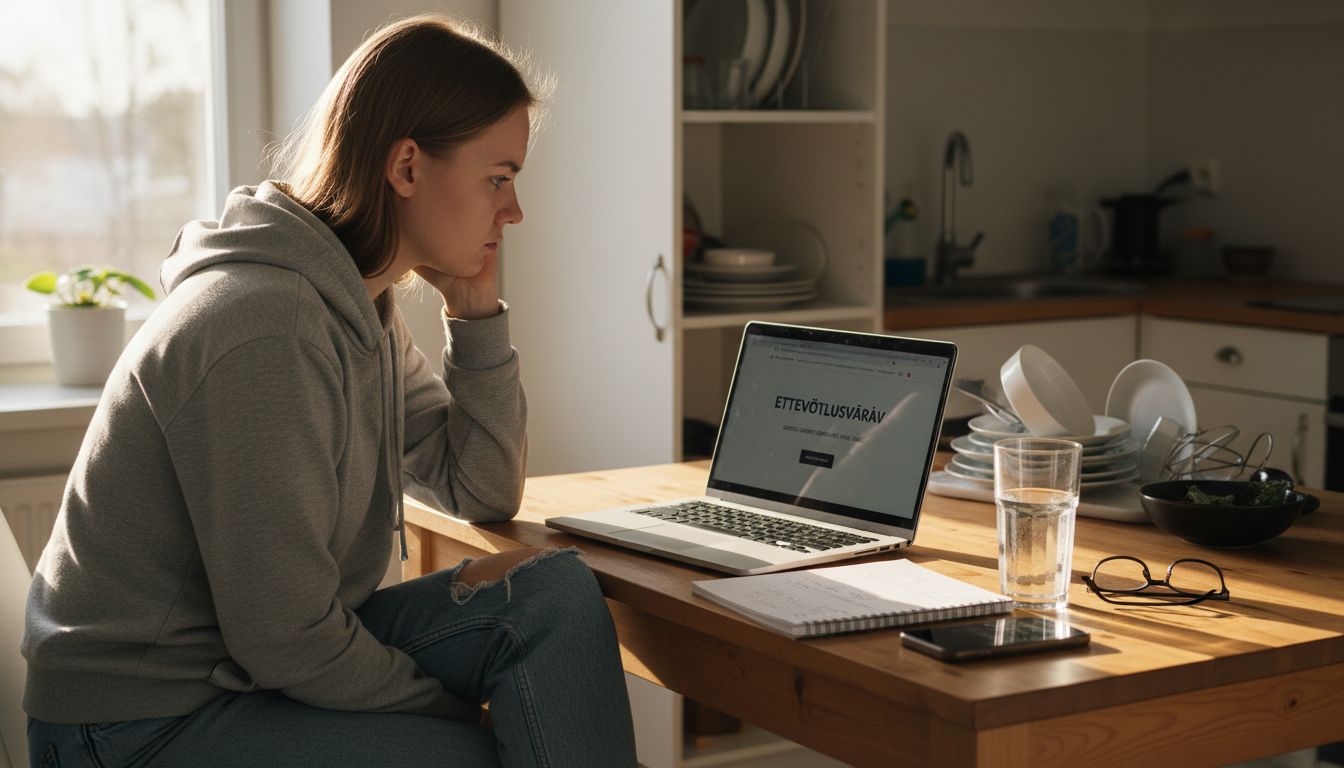 Kasutaja sirvib kodus köögilaua taga ettevõtte veebilehte