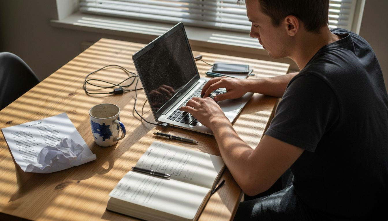 Inimene nokitseb kodus köögilaua taga oma veebilehe SEO kallal.