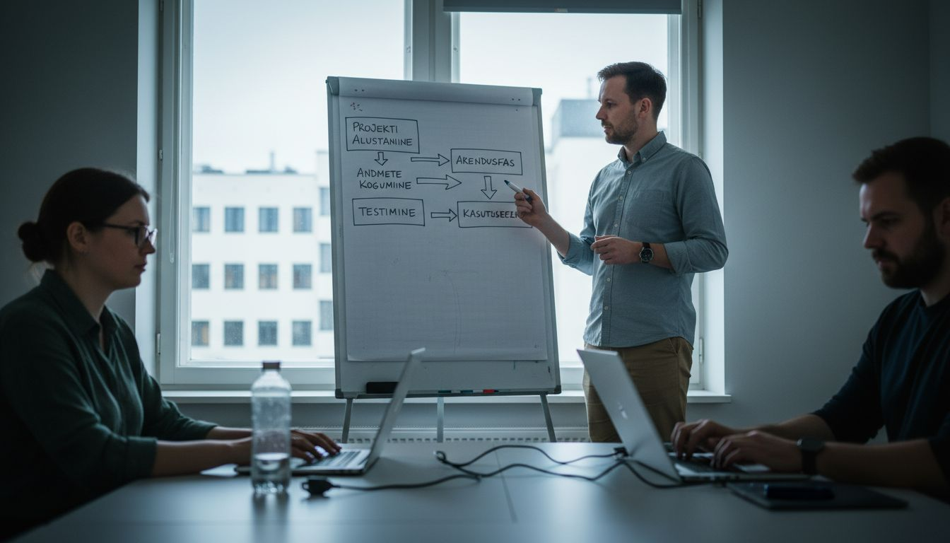 Projektijuht tutvustab kolleegidele tahvli ees uue veebi projekti plaani.