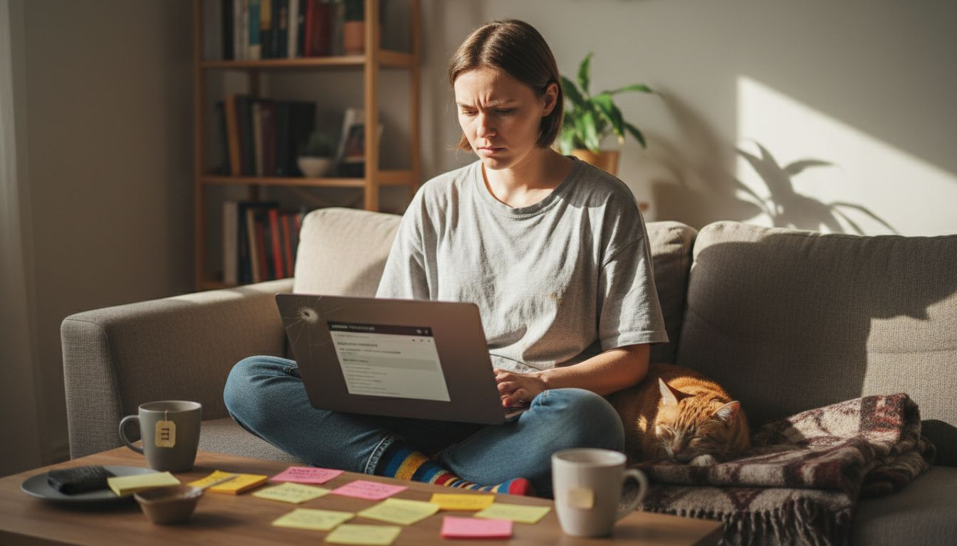 Naine töötab kodus tootetutvustuse kallal arvuti taga.