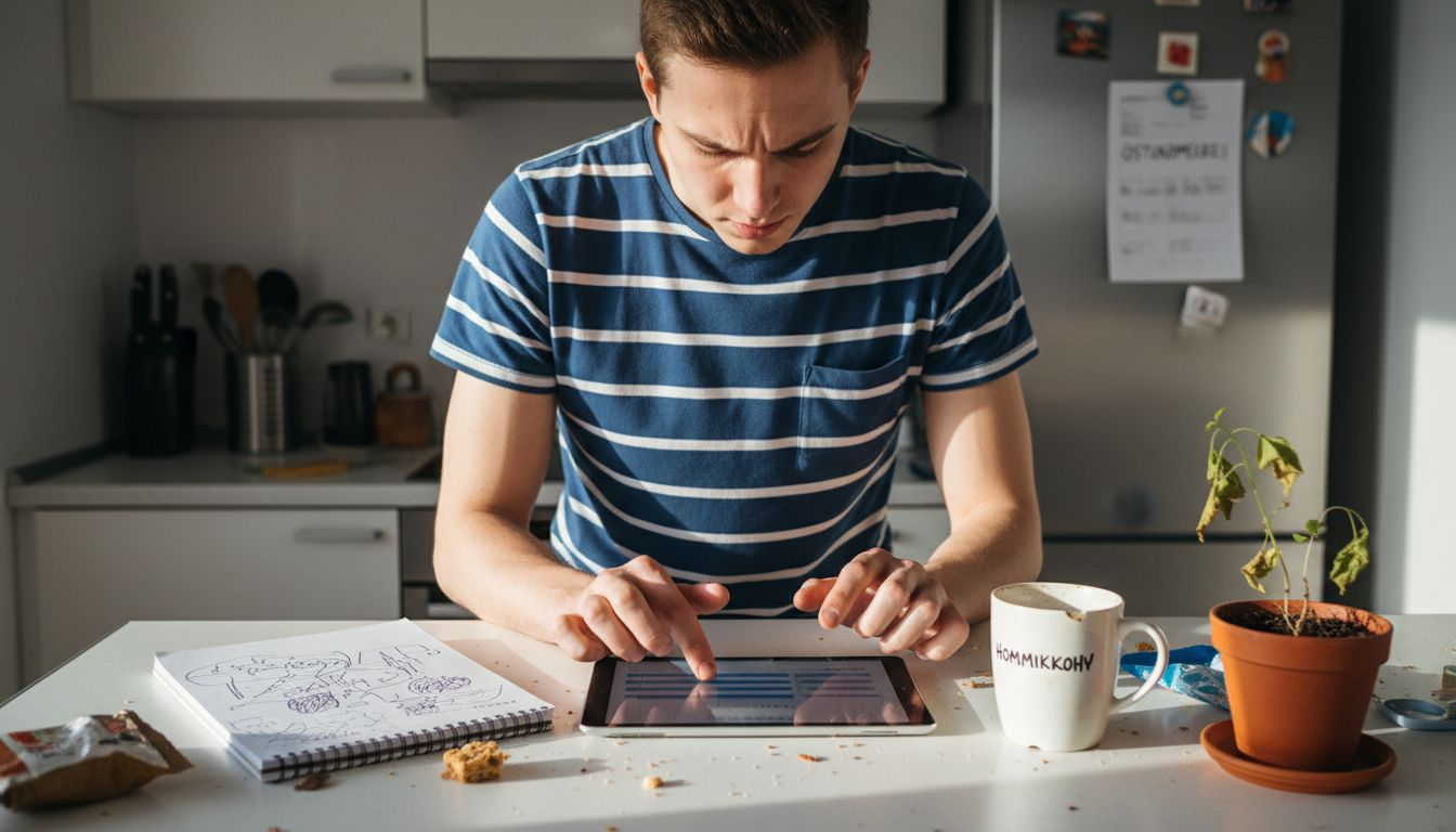 Mees sisestab köögis tahvelarvutisse tellimuse andmeid