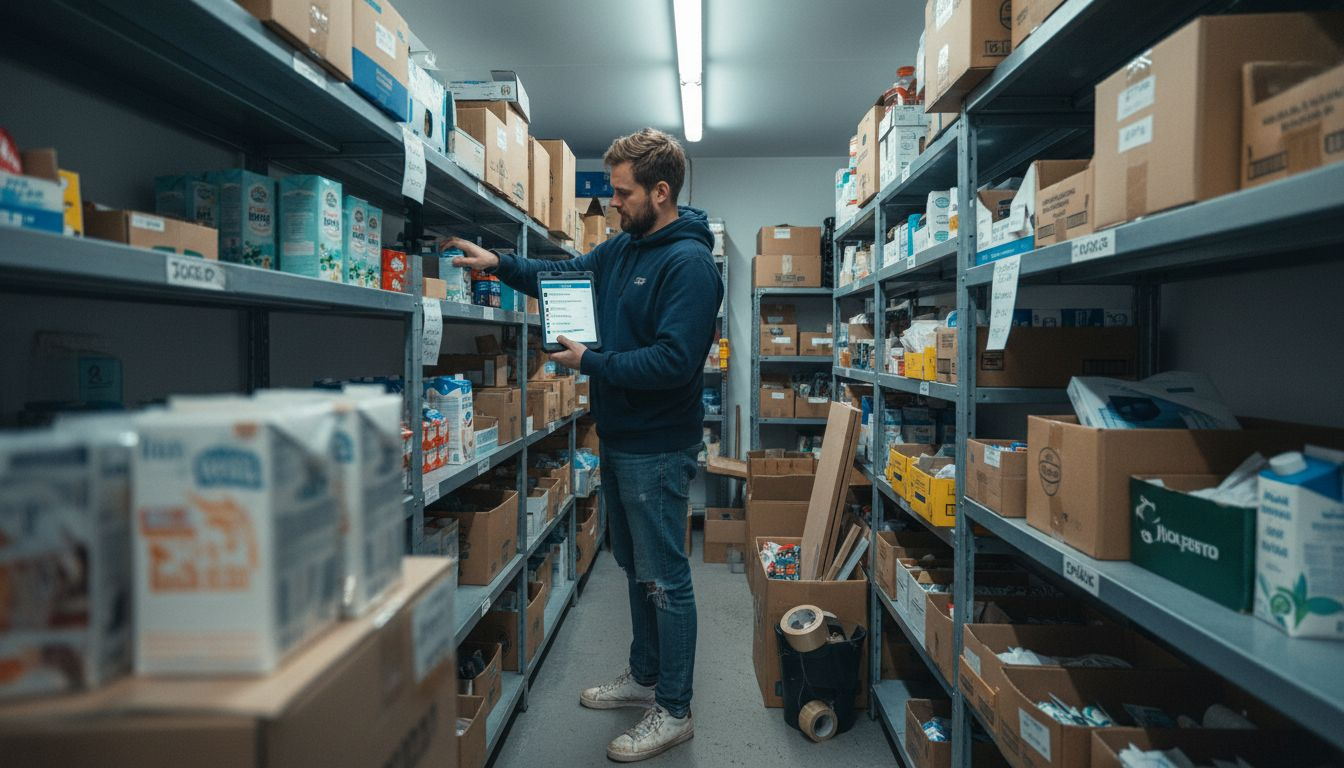 Väike poeomanik kontrollib tahvelarvuti abil kaupluse laoseisu.