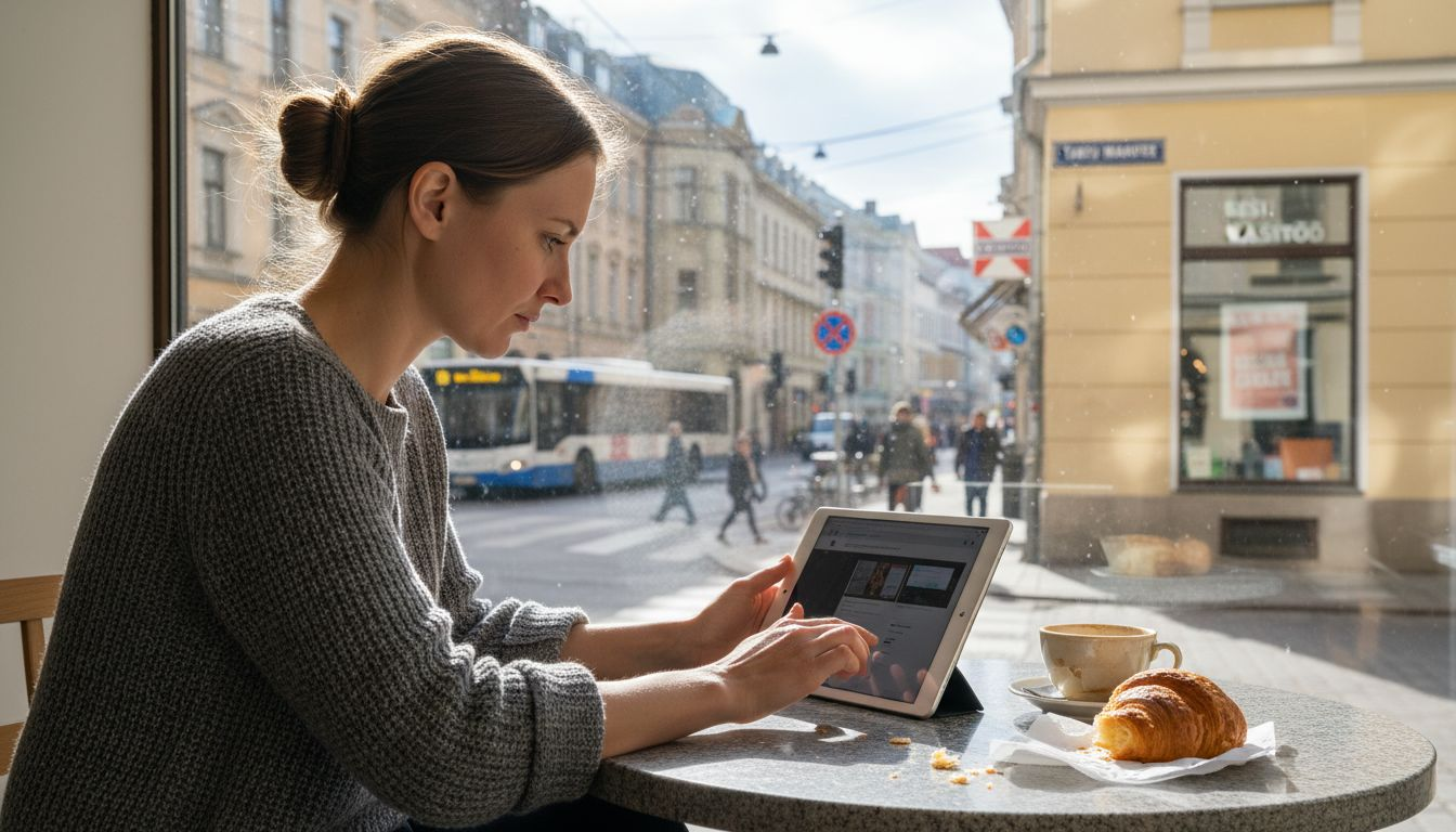 Naine sirvib kohvikus tahvelarvutist veebilehe kujundust.