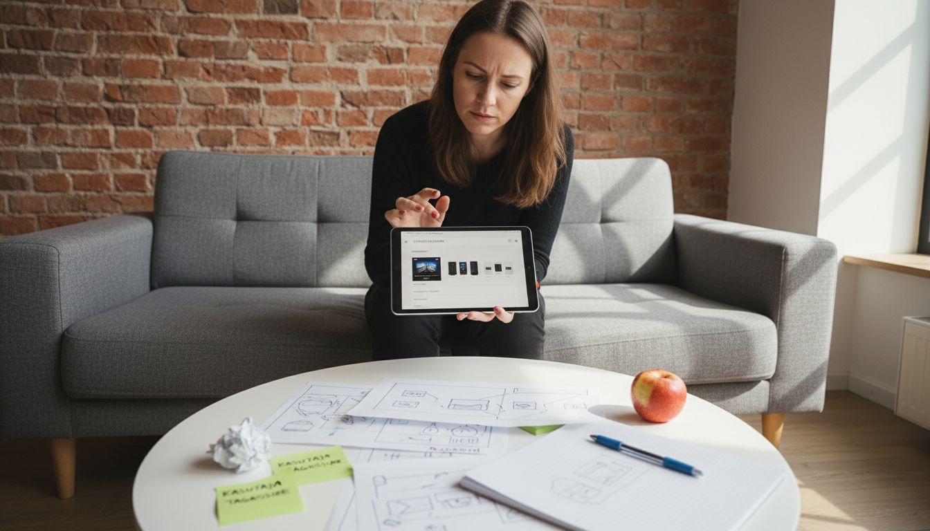 Naine proovib tahvelarvutis e-poe toimivust