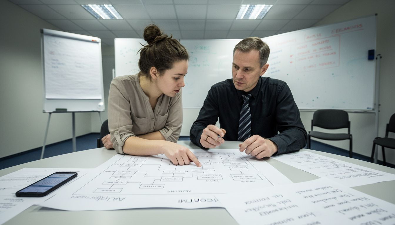 Töötiim arutab laua ümber algoritmi skeemi ja otsib parimaid lahendusi.
