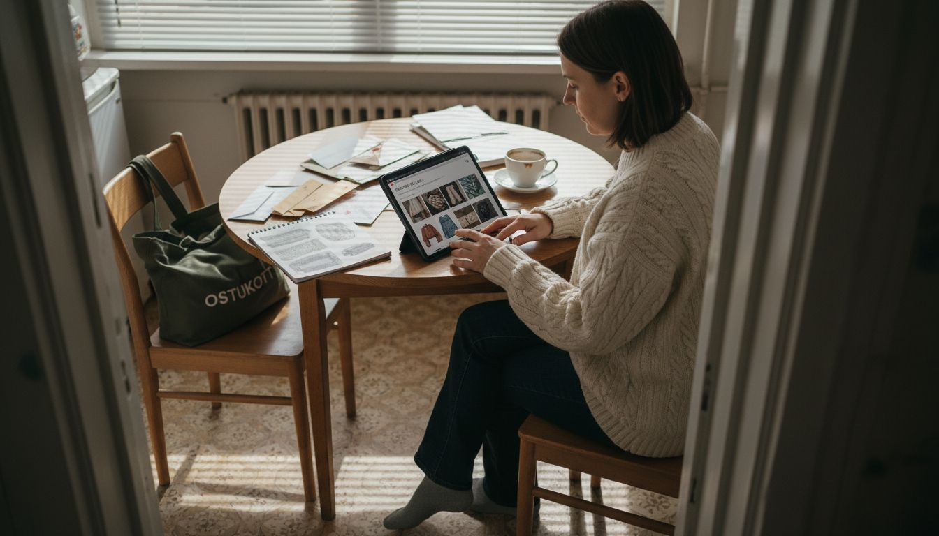 Klient sirvib veebipoes tooteid oma köögilaua taga.