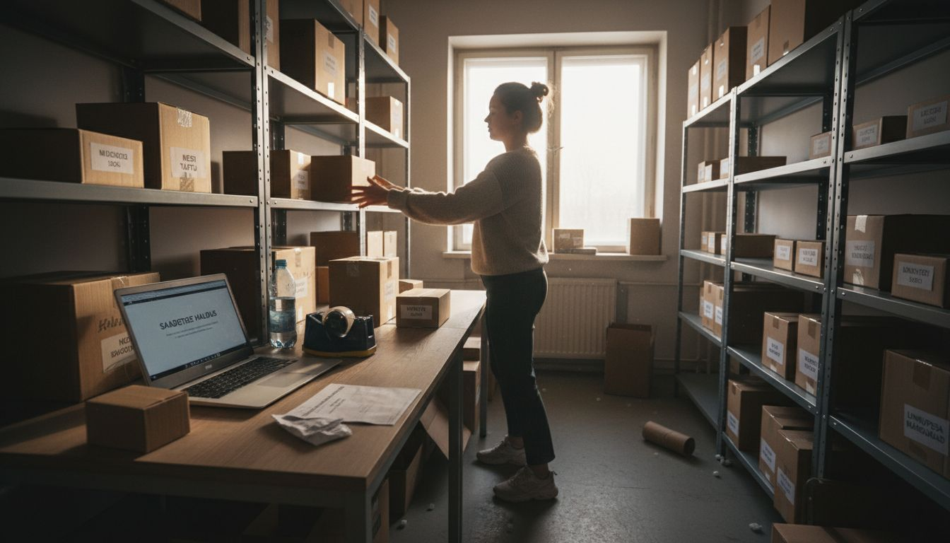 Eesti laotöötaja seab kastid ladustamiseks ritta.
