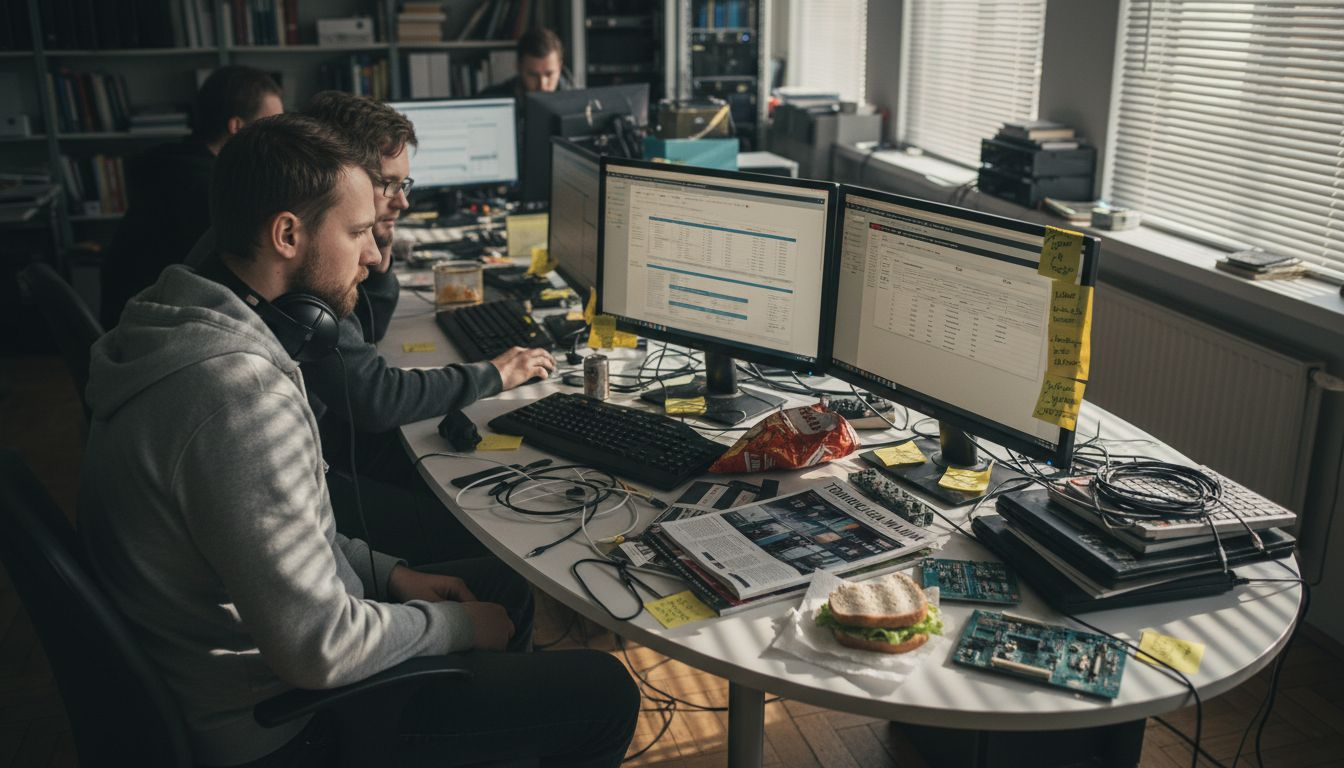 Kontoris arutlevad IT-spetsialistid erinevate veebiplatvormide plusse ja miinuseid.