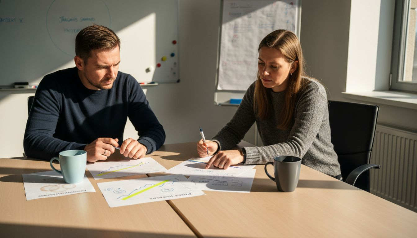 Töökaaslased arutavad koosolekul turundusstrateegia üle.