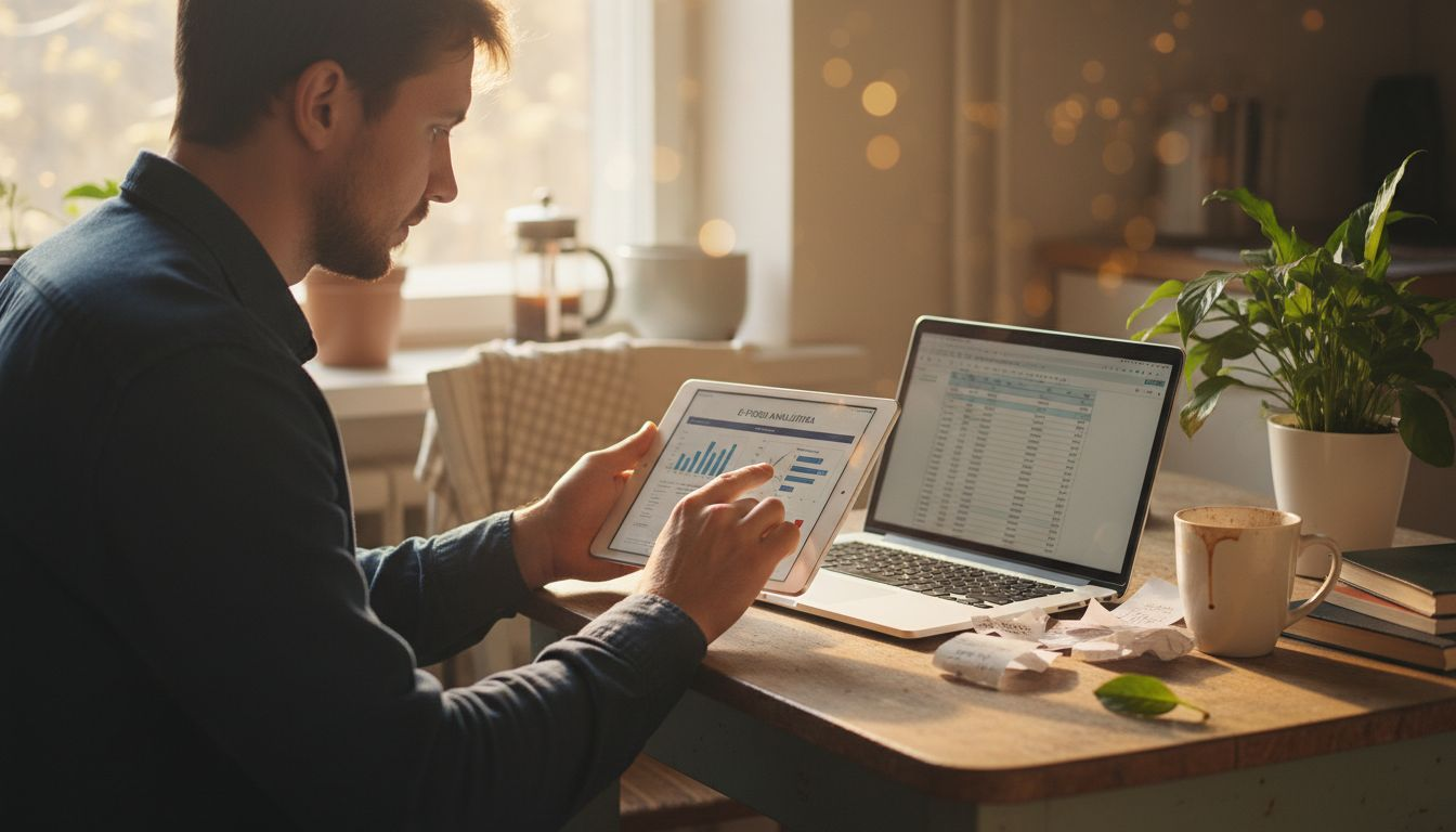 Poeomanik vaatab köögilaua taga oma poe statistikat.