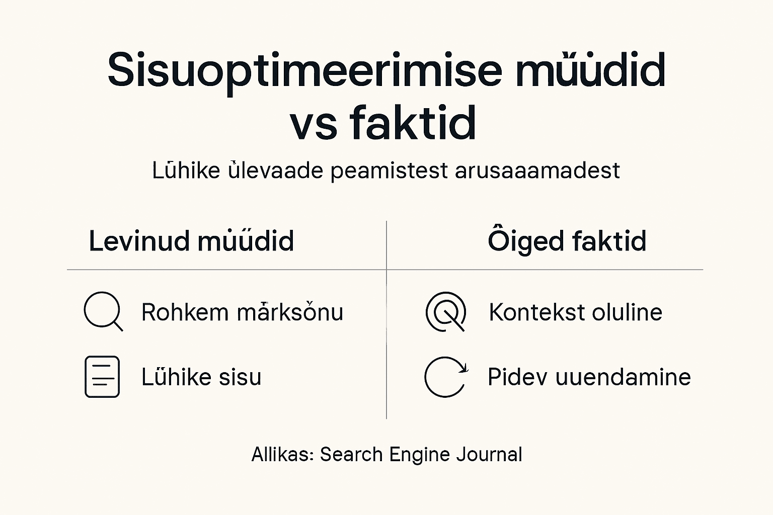 Sisuloome optimeerimise müüdid ja tegelikkus: ülevaatlik infograafik, mis aitab selgust tuua levinud eksiarvamustele ning jagab praktilisi tõdesid, mida tasub sisuloomes silmas pidada.