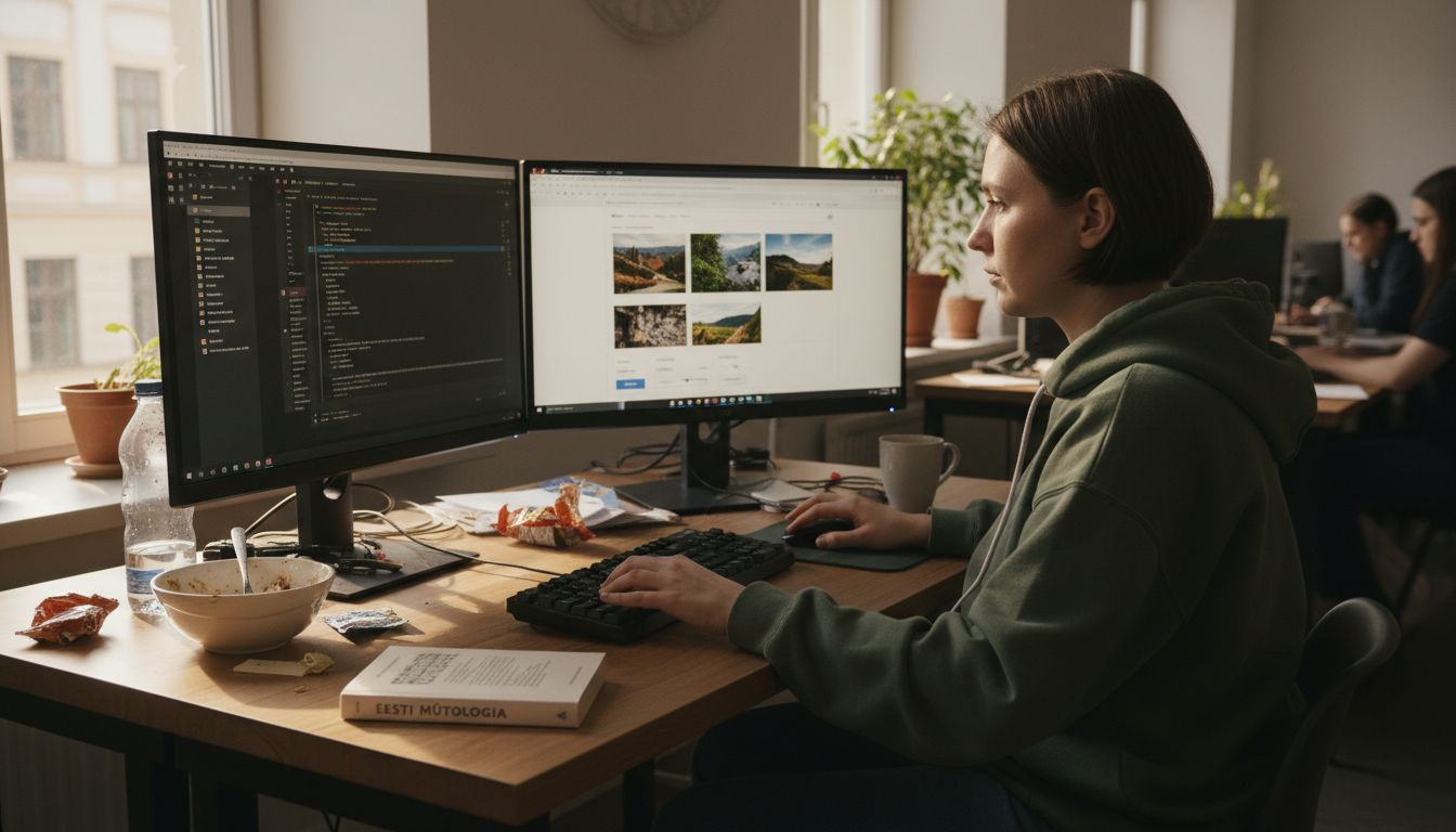 Arendaja tegeleb arvutis veebilehe piltide optimeerimisega.