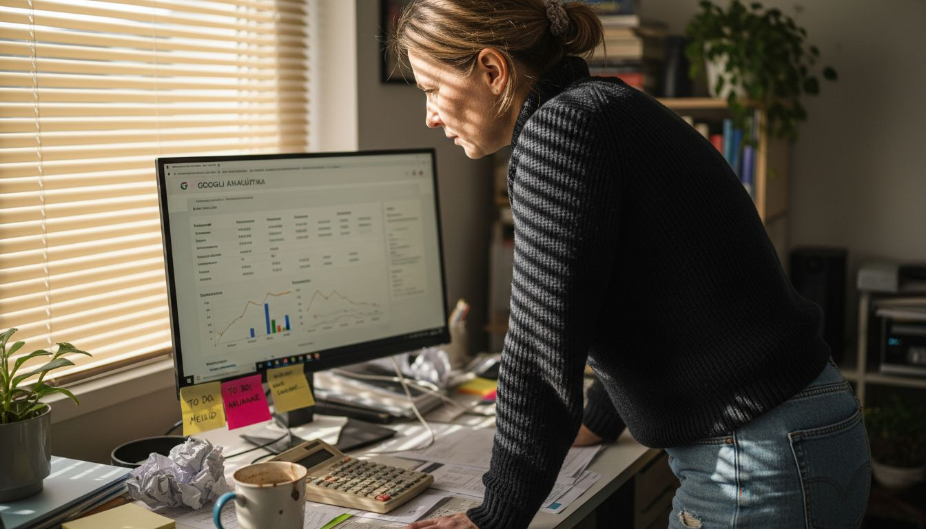 Naine uurib SEO statistikat kaootilisel töölaual