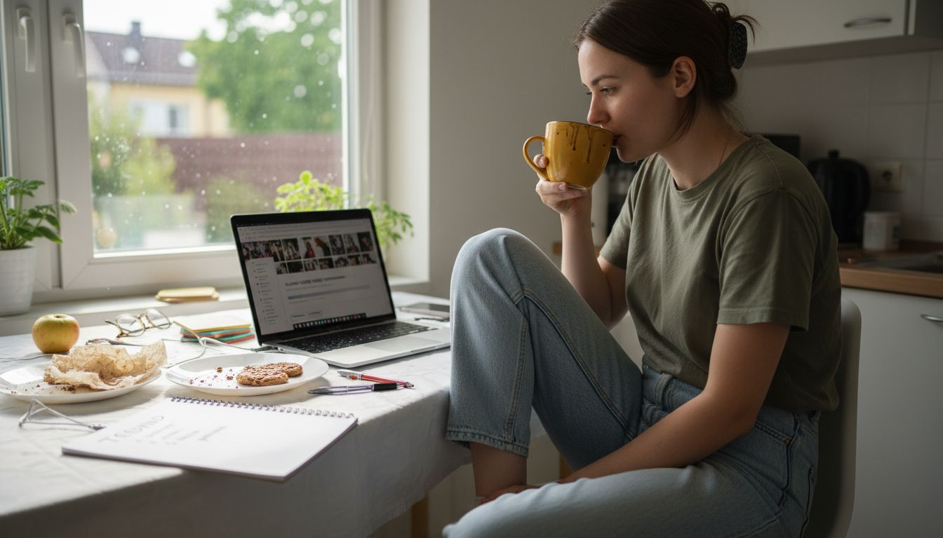 Naine tegeleb köögilaua taga sülearvutis piltide sättimisega.