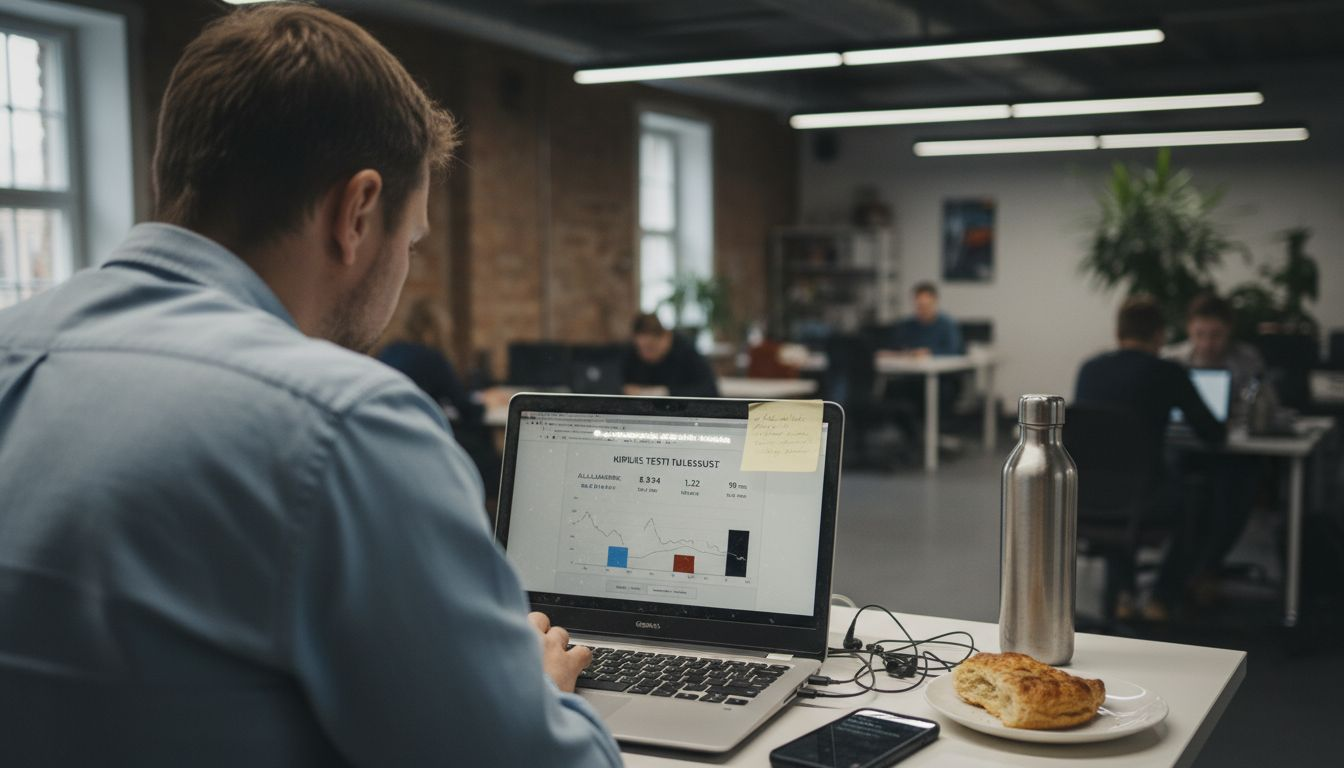 Mees uurib, kui kiiresti tema veebileht töötab, vaadates kiirusetesti tulemusi.