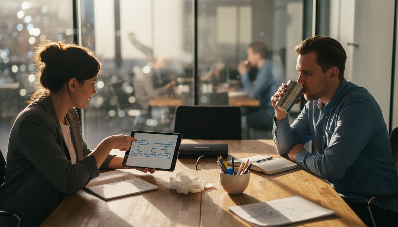 Töötajad arutavad kontoris veebilehe ülesehitust.