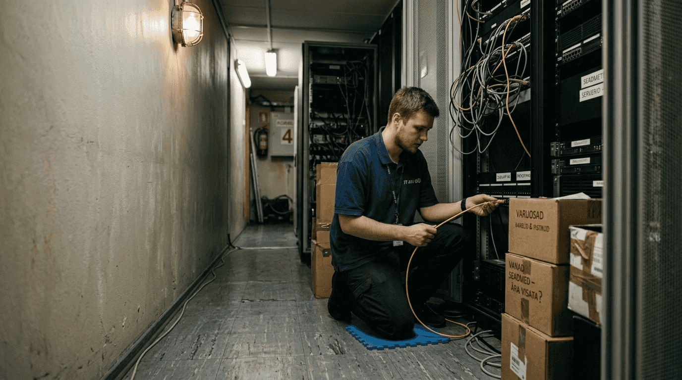 Tehnik ühendab serveriruumis kaableid.