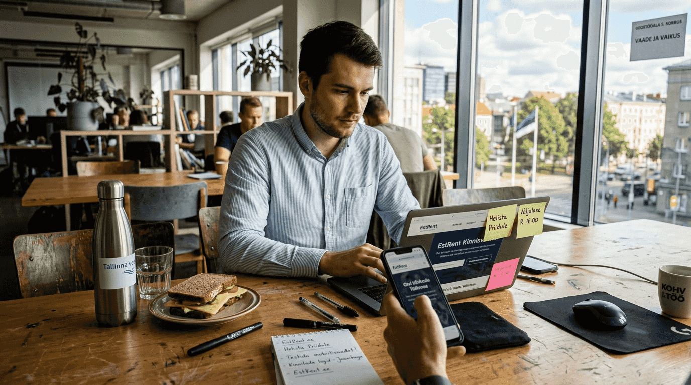 Töötaja kontrollib SEO kodulehe toimimist nii sülearvutis kui ka telefonis.