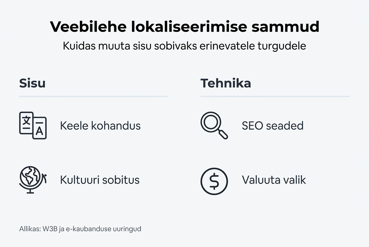 Veebilehe lokaliseerimise protsessi infograafik: kuidas kohandada veebisaiti Eesti turu jaoks