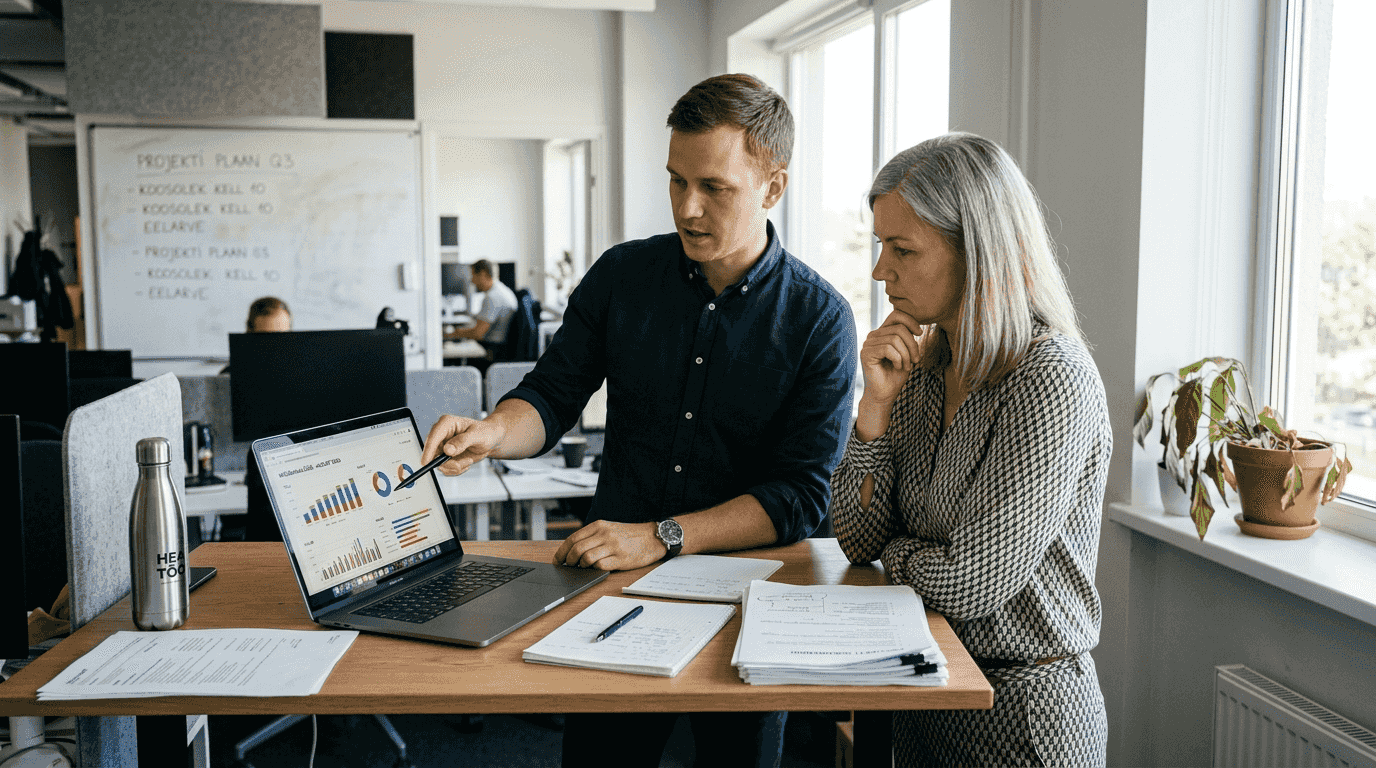 Meeskond analüüsib e-poe müügiandmeid püsti seistes töölaudade taga.